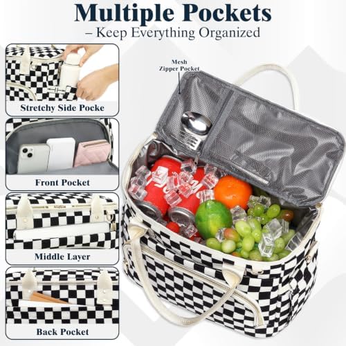 GYEUKHAM Insulated Lunch Bag for Women Men,Extra Large Lunch Box, Leakproof Reusable Cooler Tote for Adult, Everyday Soft Lunch Tote Bag for Work College Picnic Travel,C-Black Checkered