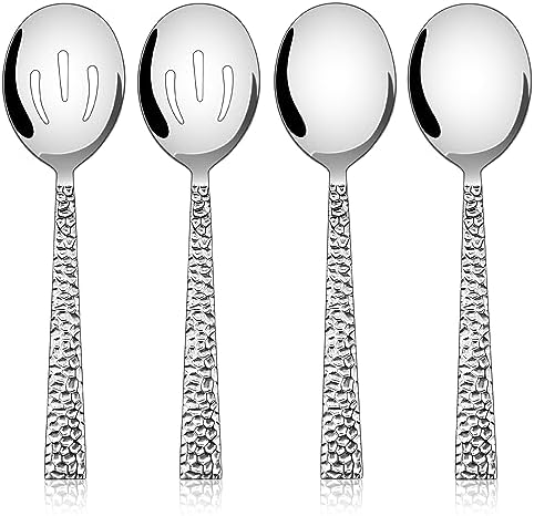 E-far Hammered Serving Spoons, 4-Piece Stainless Steel Serving Utensils Set Includes Slotted & Solid Spoons, Metal Hostess Tablespoons for Catering Buffet Party Kitchen Restaurant