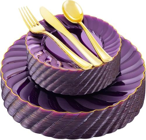 YOUBET 125PCS Clear Purple Plastic Plates with Gold Rim for Wedding
