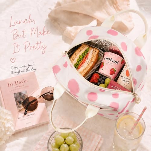 LOVELYWIND Lunch Box for Women, Insulated Lunch Bag, Pink Dot Tote