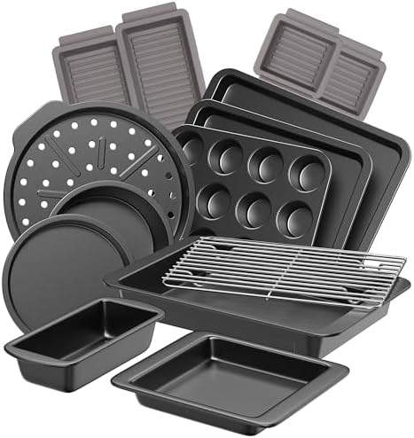 HONGBAKE Bakeware Sets, Baking Pans Set with Reusable Silicone Sheet Trays Dividers, Nonstick Oven Pan with Wider Grips, 14-Piece Including Rack, Cookie Sheet, Cake, Loaf, Muffin, Pizza Pan