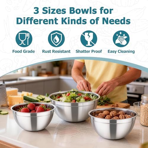 TeamFar Mixing Bowl Set, 4.5/3/1.5 QT Stainless Steel Nesting Salad Bowls