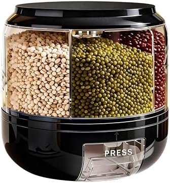 Rotating Grain Storage Bin 6 Grids Rice Container One-Click Output Large Capacity Food Dispenser For Rice Grains Sealed Moisture Proof Organizer (Black)