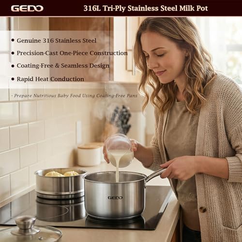 GEDO Food-Grade 316L Stainless Steel Sauce Pan with Glass Lid, 3-Ply Integrated Body Uncoated Cooking Pot, Universal for Induction Gas Ceramic Stovetops, Multi-Purpose Kitchen Cookware (2.7, Quarts)