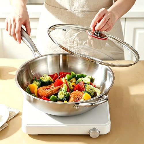 Stainless Steel 316 Wok with Glass Lid, Tri-Ply Stir Fry Pan with Handle, Induction Compatible (14 inch)