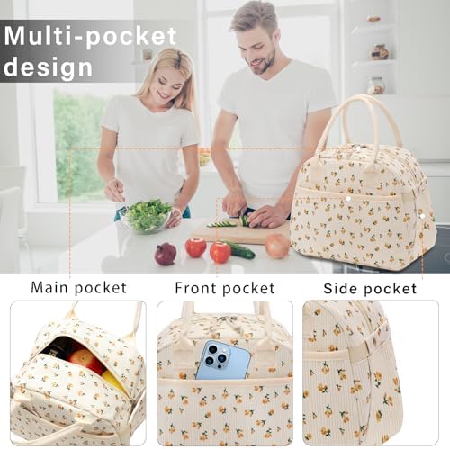 Carry bloom Lunch Box for Women, Insulated Lunch Bag Cute Corduroy Lunchbag Reusable Lunchbox for Work (flower yellow)