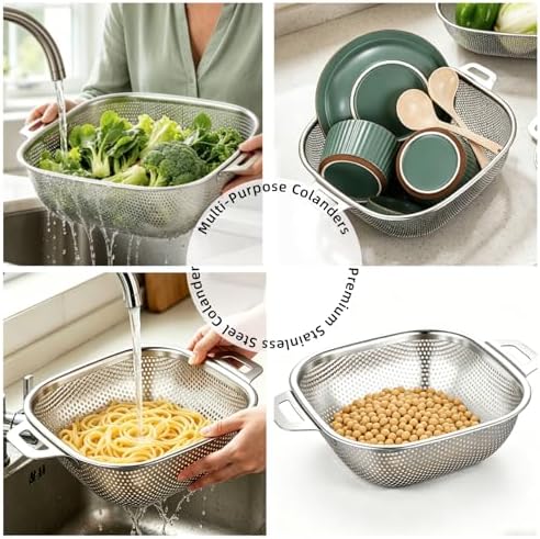 6QT stainless steel filter pot with handle - square metal kitchen filter, used for draining spaghetti and vegetables, microporous high foot, dishwasher washable, gift box packaging (6QT)