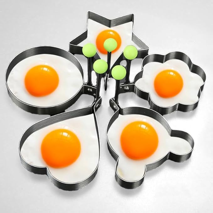 Egg Pancake Rings,5pcs Fried Egg Molds in Star, Round, Heart Different Shaped,Stainless Steel Omelette Frying Cooking Tools Kitchen Accessories Gadget Rings,with a Silicone Pastry Brush,Set of 5