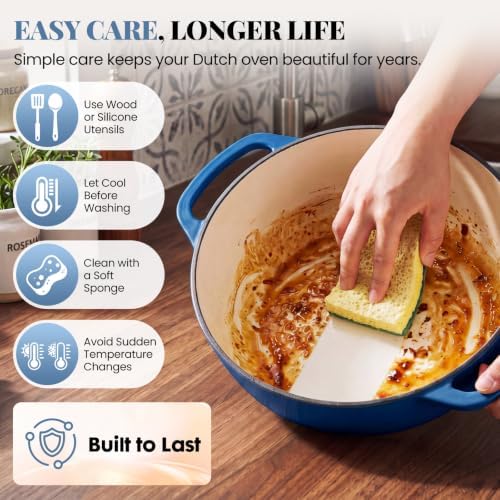 DUMOS Cast Iron Dutch Oven, 6 Quart Pot with Lid, Enameled Heavy Duty Cookware, Oven Safe to 500°F, Perfect for Bread Baking, Stews and Roasting, Moisture Sealing Lid with Dual Handles, Gradient Blue