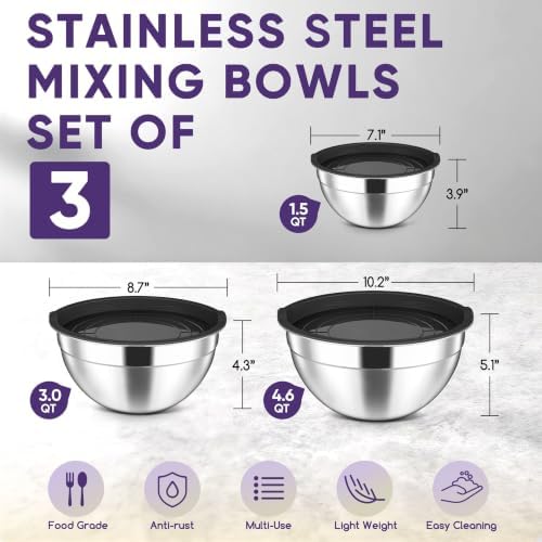 Herogo Stainless Steel Mixing Bowls with Lids Set of 3, 1.5/3/4.6Qt, Black