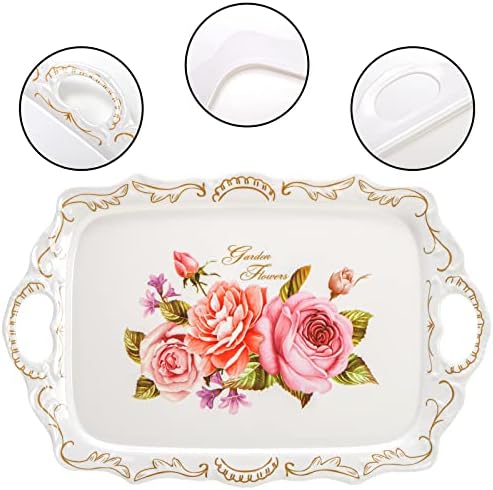 Nicunom 3 Pack Melamine Serving Tray with Handles, Floral Serving Trays Stackable Food Tray for Eating Unbreakable Large Serving Platter for Party, Decor, Home, Restaurant, Gift,16" L x 11" W