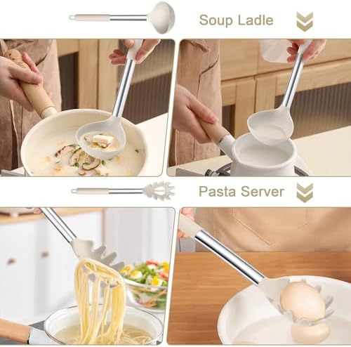 TeamFar Silicone Pasta Fork and Ladle, Nonstick Kitchen Utensils, Khaki