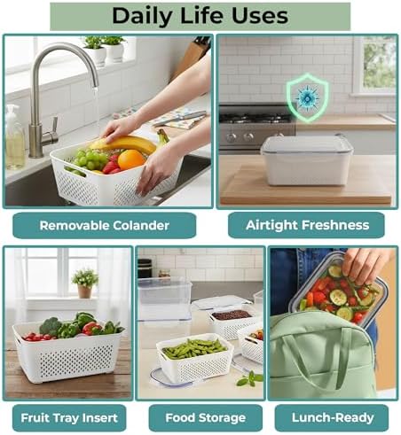 5 Pack Large Fruit Storage Containers for Fridge with Removable Colander