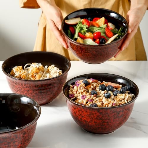 HASENSE Ceramic Soup Bowls, 40 Oz Serving Bowls Set of 4, Cereal Bowls, Salad Bowls for Pasta Soup Popcorn, Dishwasher & Microwave Safe, Christmas Thanksgiving Gifts, Red