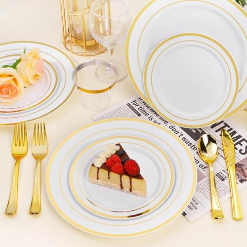 BESTSTAR 100PCS White Plastic Plates for Party, 10.25 Inch Disposable Plates with Gold Rim, Heavy Duty Dinner Plates for Party, Wedding and Birthday (Pack of 2)