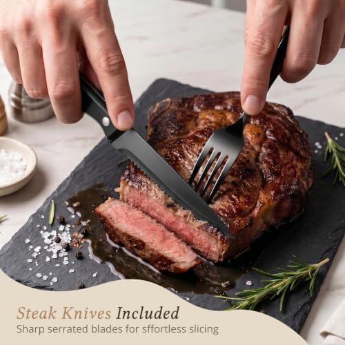 Hiware 48-Piece Black Silverware Set for 8, 18/8 Stainless Steel Flatware Cutlery Set with Forks, Knives, Spoons, Steak Knives, Durable and Elegant Design Utensils Tableware - Dishwasher Safe
