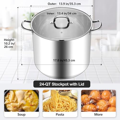Homikit Stainless Steel Stock Pot, 24 Quart Large Stockpot Soup Pot with Lid, Tri-ply Bottom Cookware for Induction Gas Various Stovetops, Seafood Sauce Canning Cooking Pot for Large Group and Events