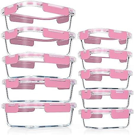 VERONES 10 PACK Glass Meal Prep Containers Set with Lids, Pink
