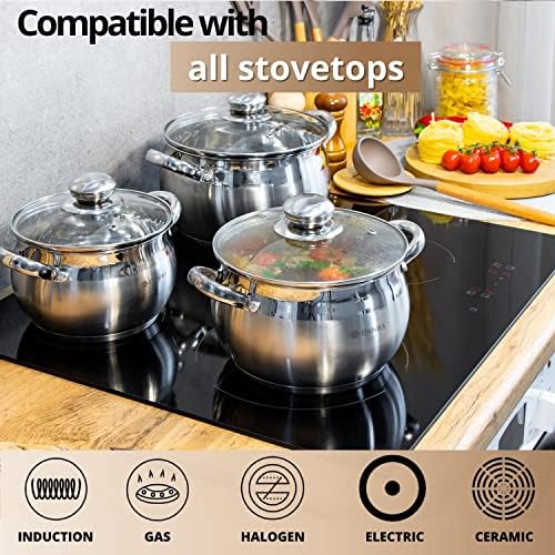 Daniks Classic 6.5 Quart Stainless Steel Stock Pot with Glass Lid, Tri-Ply Bottom for Even Heating, Induction Compatible, Dishwasher Safe