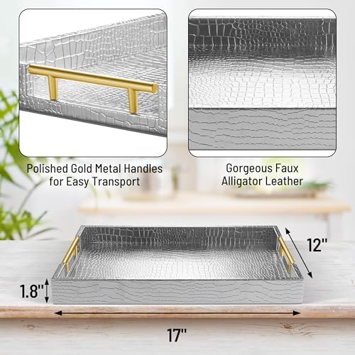 ATZYmolin 17"x12" Leather Serving Tray, Gold Handle Vanity Platter, Silvery