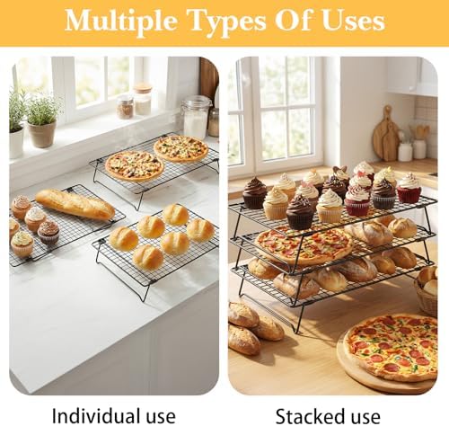 4 Pcs 13.4x9.6inch Cooling Racks for Cooking and Baking Stackable Wire Cooling Rack with Stackable Legs Baking Rack for Cookies Cakes Pizza Roasting Drying