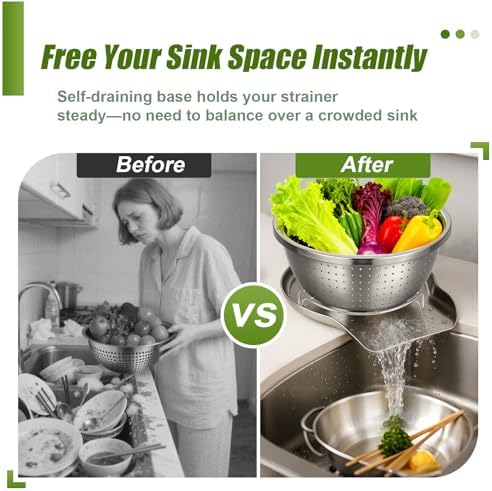 Palksky Stainless Steel Colander Set with Self-Draining Base, 3 Sizes Colanders & Food Strainers for Pasta, Rice, Fruits & Veggies, Metal Colander with Draining Plate for Sink or Countertop