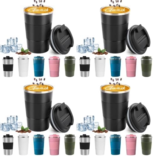 YINBAOGE Insulated Travel Coffee Mug, Spill & Leak Proof, Portable To Go Camping Stainless Steel Coffee Tumbler, Reusable Thermal Coffee Cup with Lid for Hot & Cold Drinks (Black, 12 OZ) (Pack of 4)