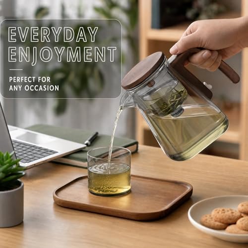 25oz Magnetic Glass Teapot with Removable Infuser, Borosilicate Glass Tea Kettle with Walnut Wood Handle, Loose Leaf Tea Pot for Home Office, Ideal Gift for Tea Lovers