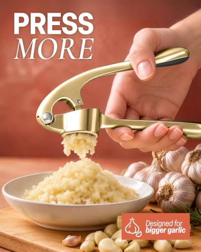 Zulay Kitchen Large Premium Garlic Press Set - Bigger Bowl for Bigger Garlic - Rust Proof Garlic Mincer Tool - Easy-Squeeze, Easy-Clean Silicone Garlic Peeler & Brush (Gold)