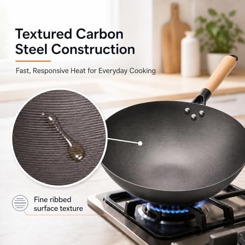 12.6" Carbon Steel Wok Pan, Flat Bottom Stir Fry Wok with Spiral Thread Interior, Coating‑Free Naturally Seasoning Wok, Compatible with Gas, Electric & Induction Cooktops