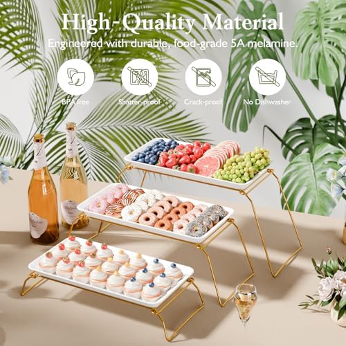 Bumusty Large 3-Tier Melamine Serving Tray Set, 17 x 8.7 in, Gold Stand