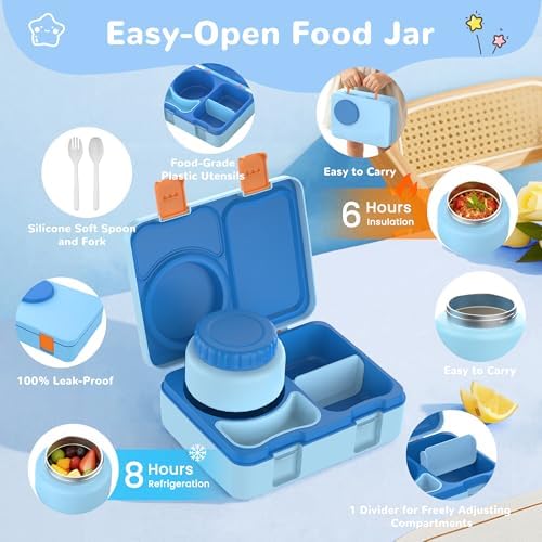 Kids Bento Lunch Box with Food Jar, Water Bottle, Lunch Bag, Blue