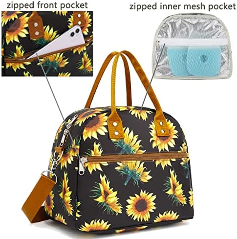 FlowFly Insulated Lunch Bag With Shoulder Strap for Women, Men, and Kids, Large and Reusable, Handle, Freezable Work and School Travel Tote and Meal Prep Organizer,Sunflower