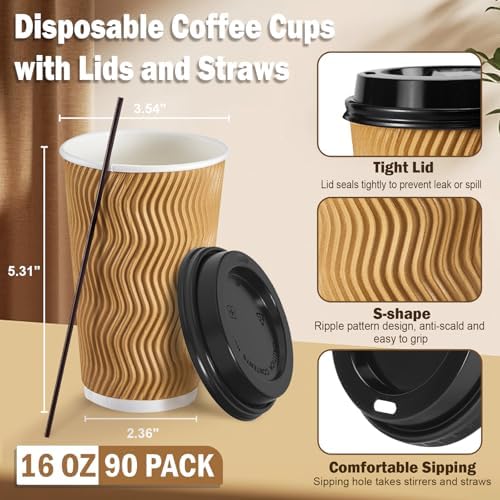 SIUQ 90 Pack 16 oz Disposable Coffee Cups with Lids and Straws - Champagne