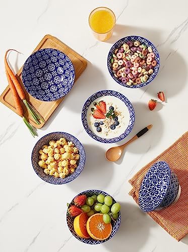 Metahom Cereal Bowls Set of 6, Ceramic Soup Bowls, 23 Oz, Blue and White