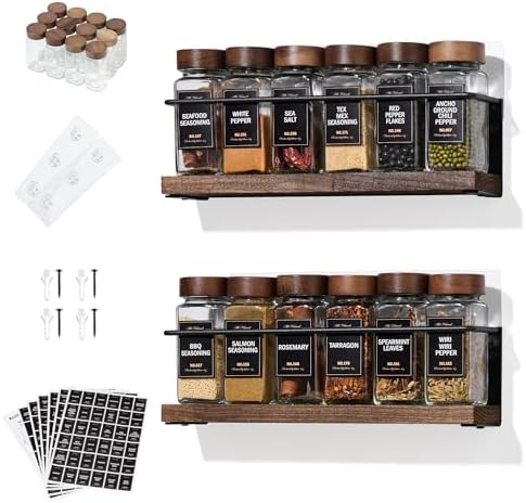 2-Tier Wall Mount Spice Rack Organizer with 12 Glass Jars, 216 Labels & Funnel - Screw/Adhesive Mount, Black Metal & Wood Spice Storage for Kitchen Pantry Cabinet, 11.6”L x 2.4”W x 3.2”H