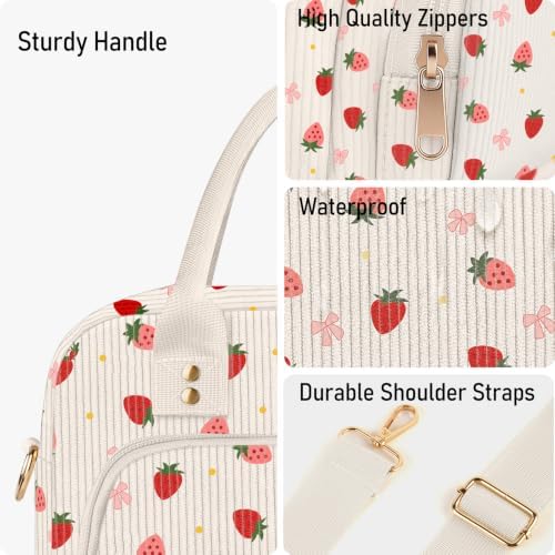 Lunch Bag Large Insulated Lunch Box for Women Adult Cute Pink Strawberry Lunchbox Corduroy Lunch Bags Boxes Pail with Shoulder Strap for Work Mom Picnic Office Travel 11.4×6.8×9.1 inches 11.5L