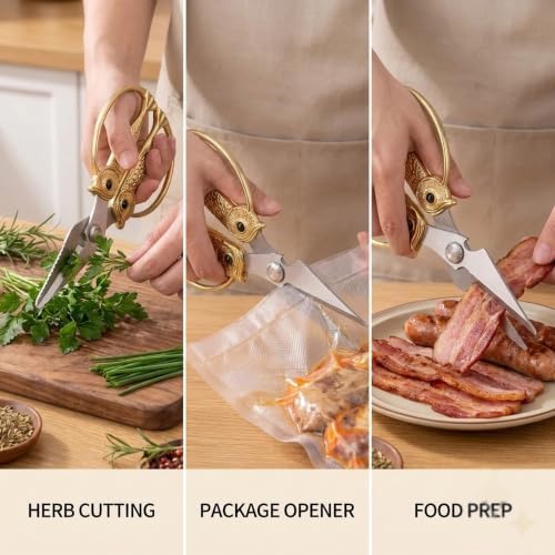 XSNBRD Kitchen Scissors Heavy Duty, Golden Stainless Steel Owl Shears Large