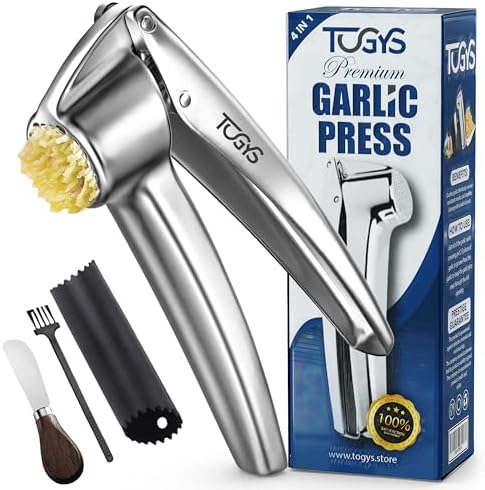 Heavy Duty Stainless Steel Garlic Press - Professional Grade Garlic Mincer & Crusher with Ergonomic Soft Grip Handle, Dishwasher Safe, Rust-Proof - Easy to Clean Kitchen Gadget for Cooking