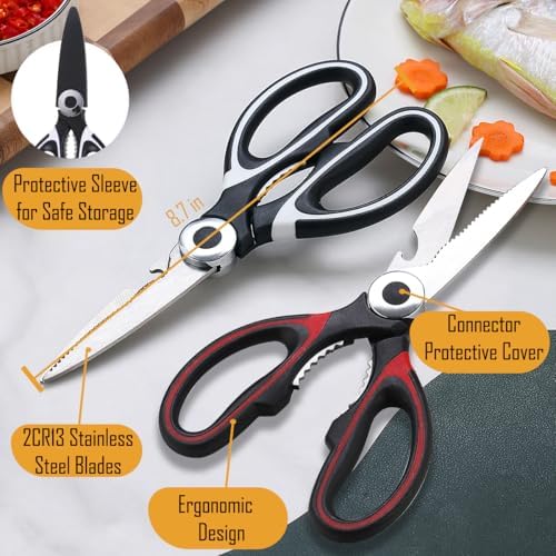 2 Pack Kitchen Scissors Heavy Duty, All Purpose Stainless Steel Kitchen Shears for Cutting Meat Chicken Crab Legs, Dishwasher Safe Seafood Scissors with Protective Cover (Black)
