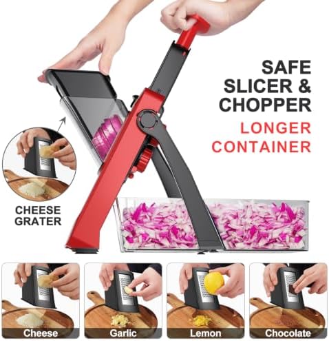 SUPMAKIN Safe Mandoline Slicer, Adjustable Vegetable Food Slicer and Chopper, Potato Fries Fry Cutter, Veggie Salad Chopper, New Kitchen Chopping Artifact Gifts (4V RED)