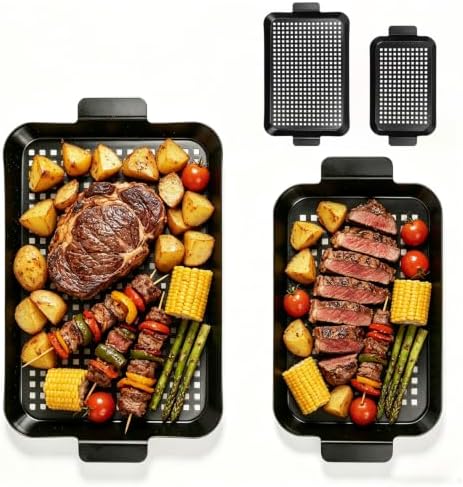 Outdoor Grill Pans: Enamel Non‑Stick Grill topper - Grill Tray with hole, Grilling Baskets Outdoor Set for Vegetable, Meat (dark black)