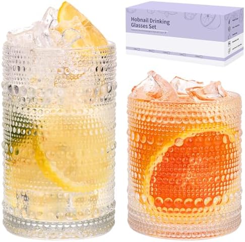 Moretoes 2pcs Hobnail Drinking Glasses,Vintage Glass Cups Set