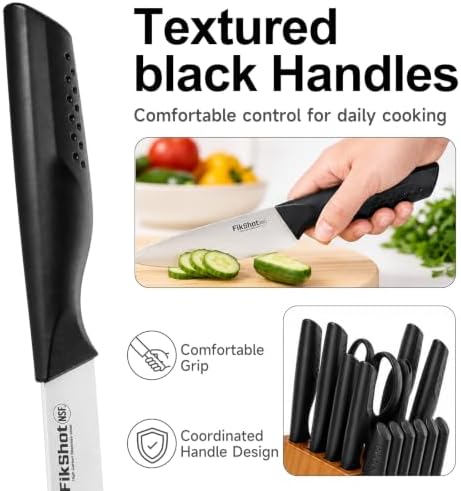 FikShot 15-Piece Kitchen Knife Set with Block & Built-In Sharpener