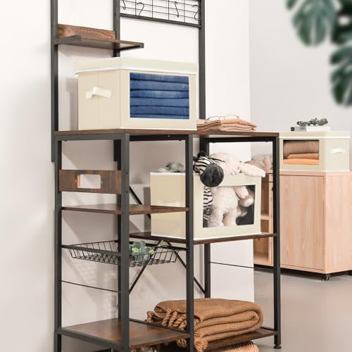 Homsorout Fabric Storage Bins with Lids, Storage Cubes with Window, Decorative Storage Boxes Baskets for Organizing, Closet Organizer Storage Bins for Home, Office, 3 Packs, Beige