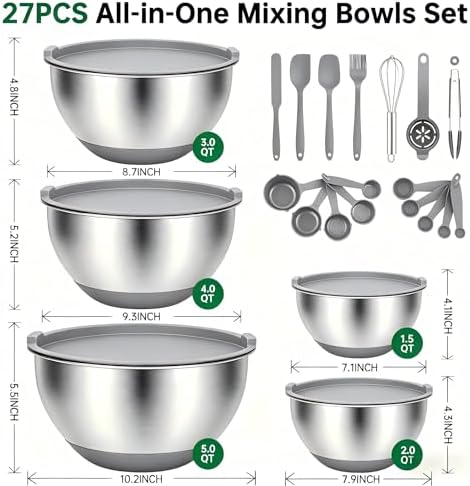 Deedro Mixing Bowls with Airtight Lids, Stainless Steel Mixing Bowls Set