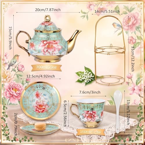 Zhehao 20 Pcs Porcelain Tea Set for Adult, with Metal Holder, Fresh