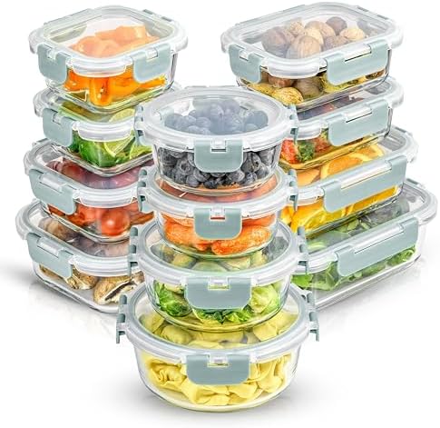JoyJolt 24pc Borosilicate Glass Storage Containers with Lids | 12 Airtight/Freezer Safe Food Storage Containers for Pantry and Kitchen | Meal Prep Container for Lunch | Glass Tupperware Set