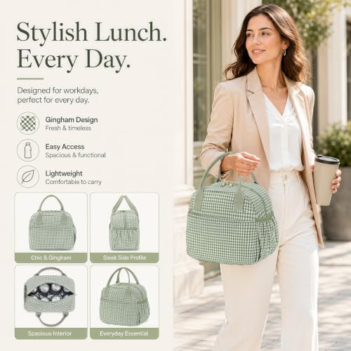 CAMTOP Lunch Box for Women Men Insulated Lunch Bag Lunch Tote Bag Leakproof Thermal Cooler Large Capacity for Travel Work School Picnic (Sage Green Check, Medium)