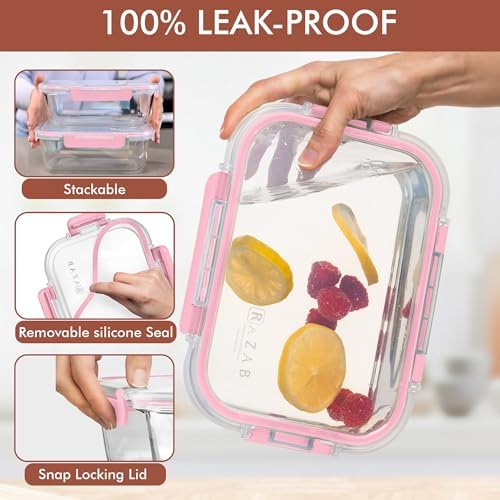 Razab 2 Pcs 1860ml / 63 Oz Large Glass Food Storage Containers with Lids - Glass Meal Prep Containers with Locking Lids for Roasting, Storing Leftover, Lunch Container, BPA Free, Microwave & Oven Safe
